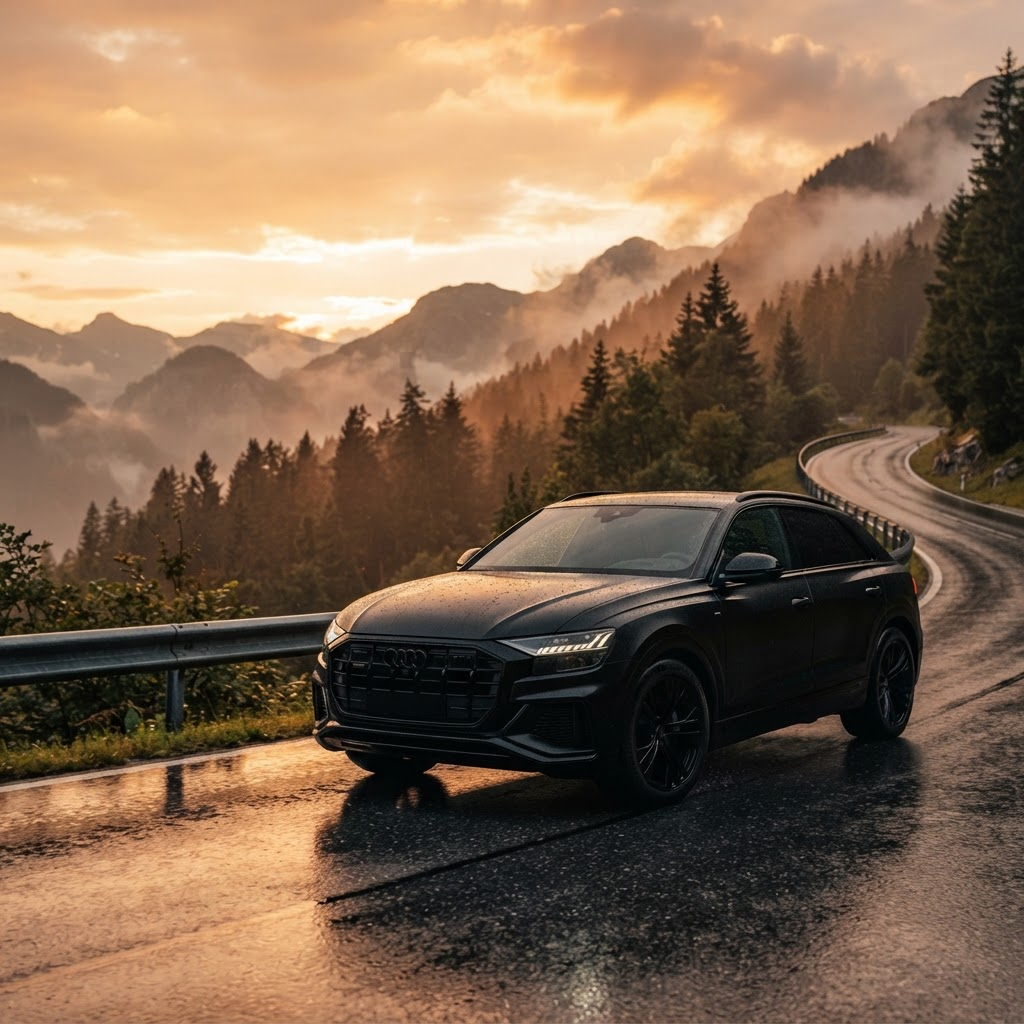 Compact SUV creative on a misty mountain road